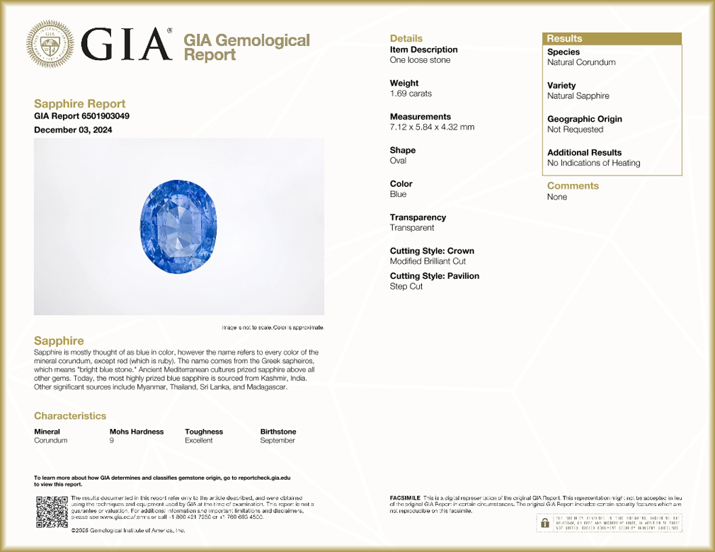 GIA Certified 1.69 ct Oval (7.12 x 5.84 mm) Unheated Blue Sapphire