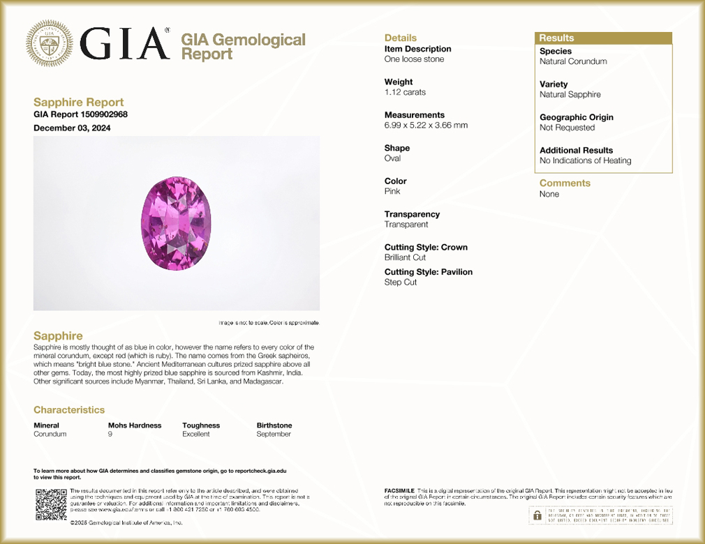 GIA Certified 1.12 ct Oval (6.99 x 5.22 mm) Unheated Pink Sapphire